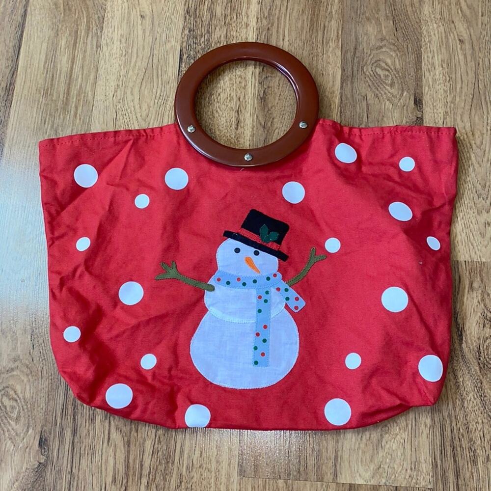 Handbag Red Tote Snowman Applique Round Handles Riveted Bag Polka Dots EUC OS